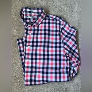 Express Men's Pink and Navy Plaid Shirt